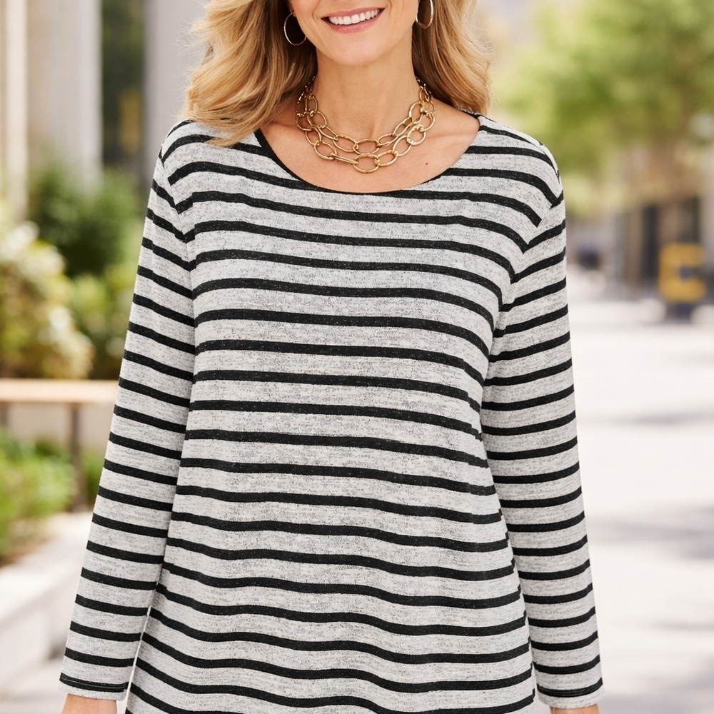 Chico's Black and Gray Striped Long Sleeve Top Women's Size XL